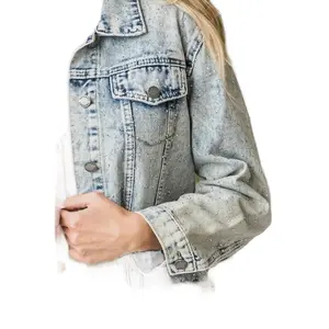 Women's Rhinestone Crop Denim Jacket - Casual Style - Womenswear