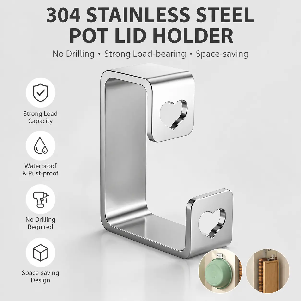 SUS304 Stainless Steel Wall Mount Organiser Hook, 1-Count No-Drill Hangable Hanger for Wash Basin, Cutting Board in Bathroom, Kitchen