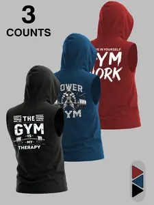 Men's 3-Piece Sleeveless Hooded Gym Tank Top, Barbell and Bodybuilder Graphic Print, Loose Fit Muscle Show, Ideal for Fitness Training