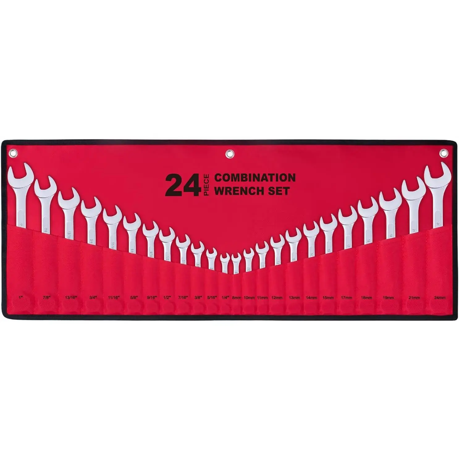 24-Piece All-Purpose Master Combination Wrench Set - Drop Forged Chrome Vanadium Steel, Angled Open End, SAE 1/4"-1", Metric 8mm-24mm, Complete with Roll-Up Pouch for Household, Auto Repairs, Travel Emergencies
