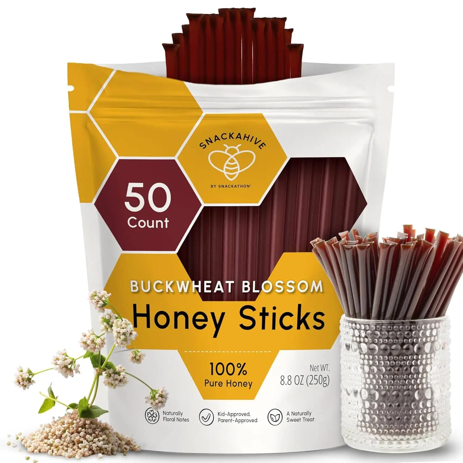Snackathon Honey Sticks, Buckwheat Blossom Pure Honey, Made in USA Honey Straws for Tea & Coffee, Single Serve (1 Teaspoon per Stick)