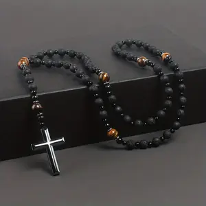 1pc Bright Black Natural Stone Yellow Tiger Eye Round Bead Black Gallstone Cross Rosary Necklace Rough Stone Gift Necklace For Men Daily Casual Halloween Gift Sweater Chain Clavicle Chain Necklace Catholic
