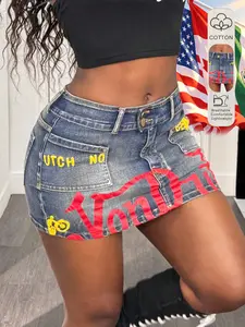 Women's Denim Short Skirt, Vintage Graffiti Print, Y2K Style, High-Waisted, Slim, Stretchy, Casual Wear, Perfect for Daily Outing & Parties