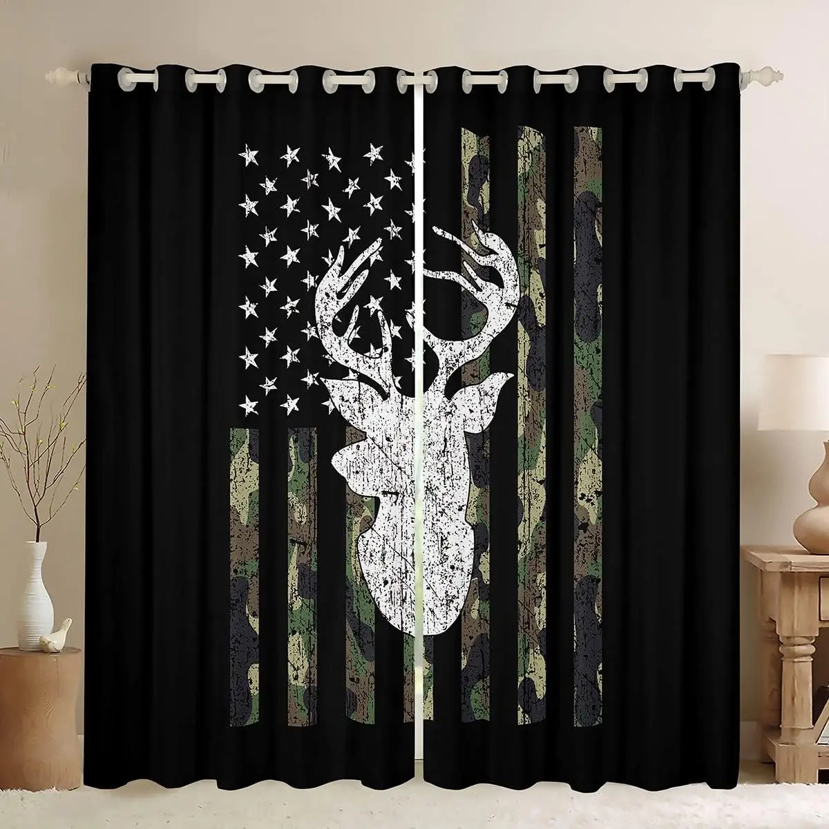 Feelyou Home Decoration Curtains - Velvet Fabric Privacy Grommet Curtains with Flag Print, Hunting Motif, Army Green Camo, Western Farmhouse Stripes, Multi-Size All-Season Window Decor Supplies, Home Decoration Curtain