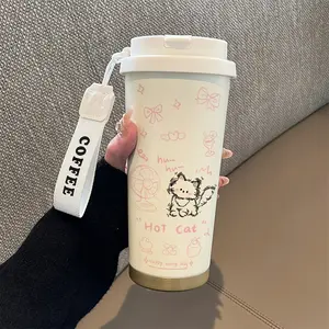 Adorable Cat Thermos Cup, 530ML Stainless Steel Vacuum Insulated Travel Mug with Straw and Lid, Ideal for Hot/cold Drinks, Office & Outdoor Use