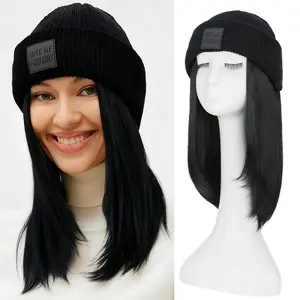 MY-LADY Beanie Wigs Knitted Hat Wigs with Synthetic Straight Hair for Women 11/18 Inch Length Warm Comfortable Cap Natural Look Quick Hair Done