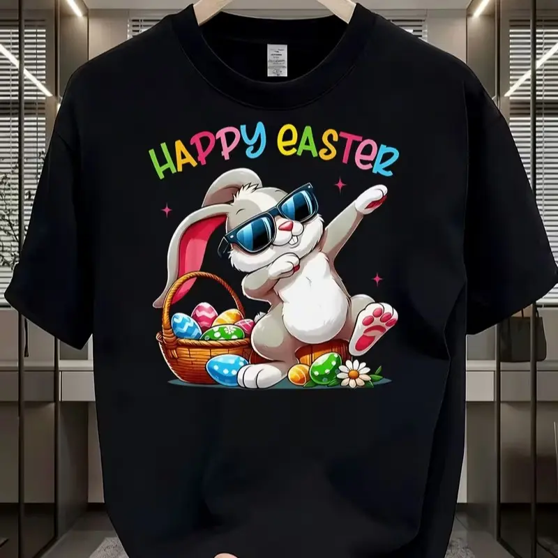 Unisex Happy Easter Cool Bunny With Sunglasses Easter Egg Basket Graphic T-Shirt, Spring Holiday Casual Short Sleeve Tee