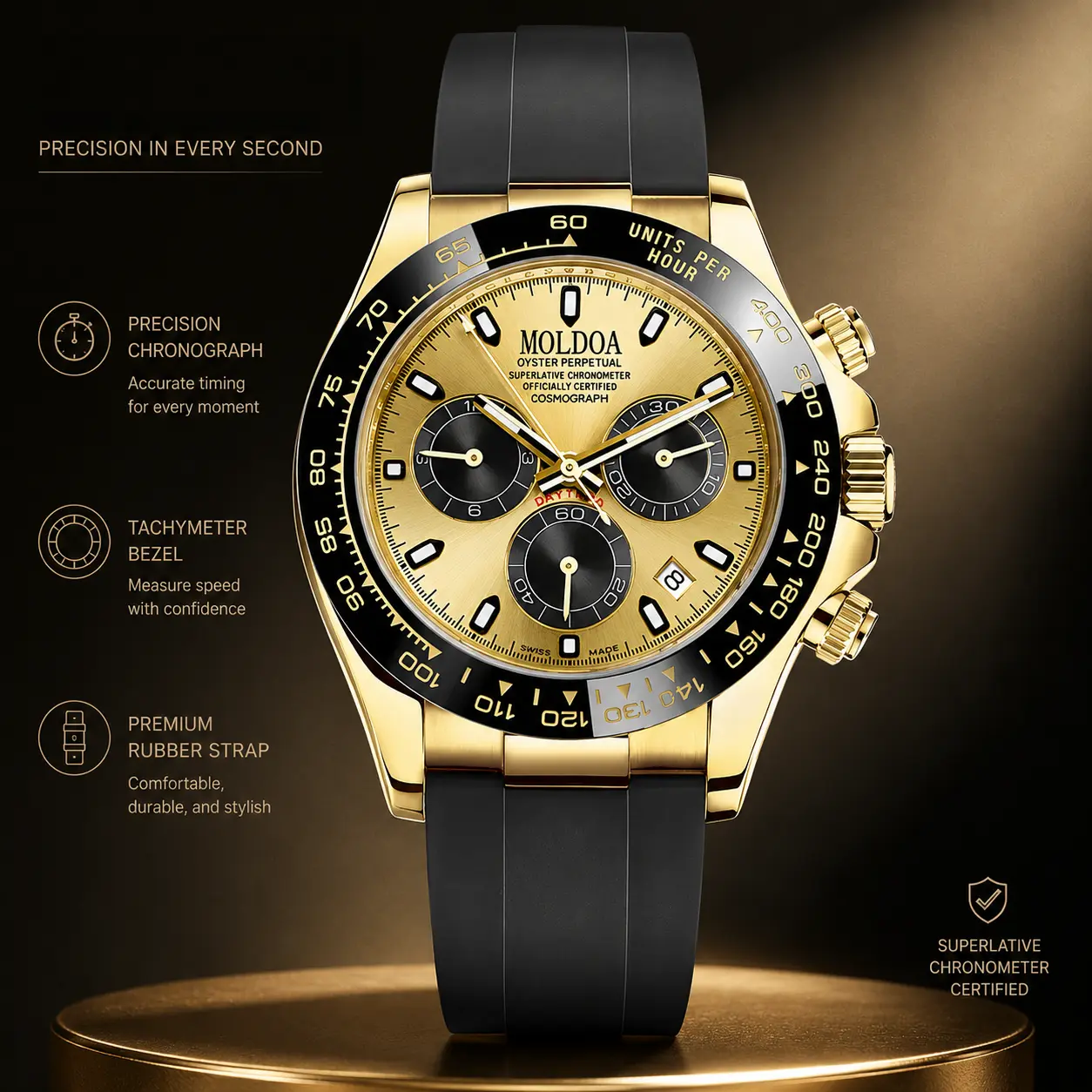 Premium Gold Tone Men's Quartz Chronograph Watch, Sport‑Luxury Design With Tachymeter Bezel, Black Rubber Strap, Multi‑Function Timing, Business & Casual Statement Wristwatch
