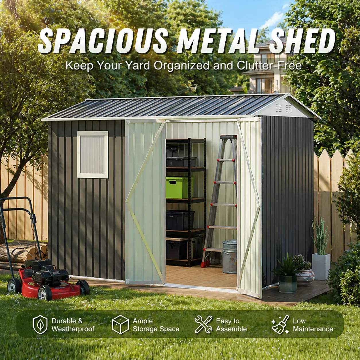 9x6 FT Outdoor Storage Shed and Metal Garden Shed Weather Resistant Backyard Tool House Heavy Duty Steel Utility Shed with Window Hinge Doors Large Capacity Patio Organization for Lawn Equipment Bikes Mower