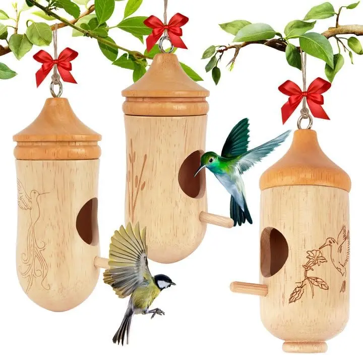Eco-Friendly Wooden Hummingbird House for Outside, Small Bird House with Bow and String, Cute Pet Supplies for Bird Cages & Accessories, Gardening Gift and Home Decoration