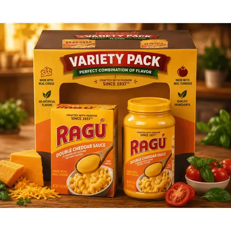 Variety pack, RAGU Double Cheddar Cheese Sauce, 16 oz, for Pasta Sauce and More & Ragu Double Cheddar Sauce, Made with Real Cheese, 15.5 oz Tetra pack