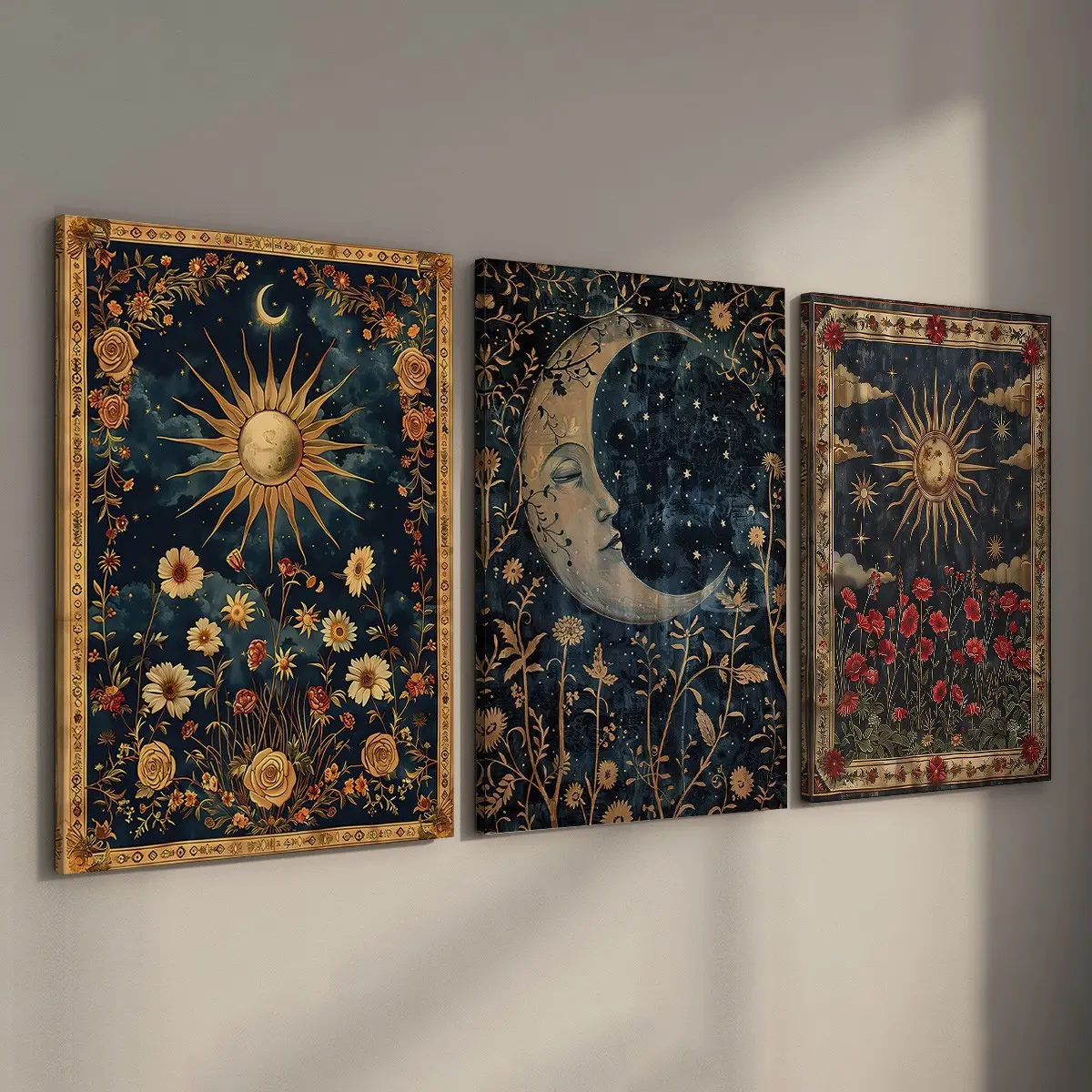Set of 3 Gothic Wildflower Stretched Art, Dark Academia Aesthetic Gallery Wrapped Canvas, Mystical Sun Moon Tarot Wall Decor, Decorative Artwork, Internal Wood Framed Celestial Star Pattern Print Artwork, Retro Witchy Gift for Home Office