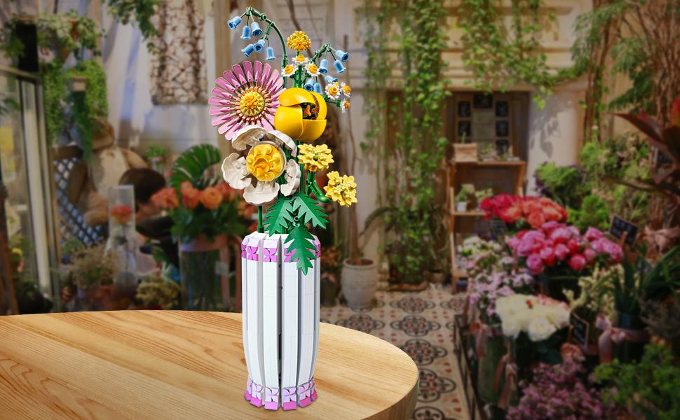 TENHORSES Pink Vase for Lego Flower Bouquet Building Decoration Set and Artificial Flowers, Ideal for Valentine's Day Gifts for Girls Box Decorative Colorful Fruit Plants Ornaments