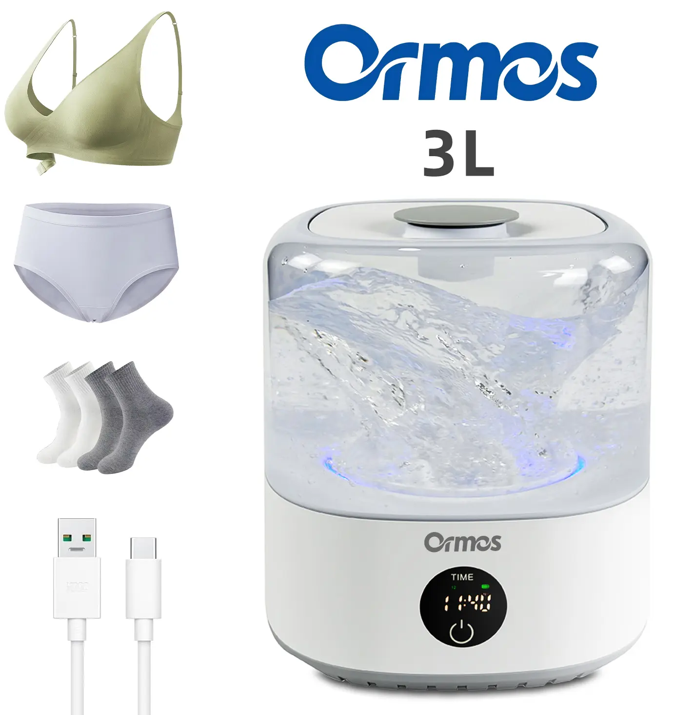 Ormos Portable Rechargeable Mini Washing Machine for Underwear, Wireless Portable Laundry cup, Mini Portables Washing Machine, 20 Washes per Charge, for Baby Clothes, Underwear，3L washer