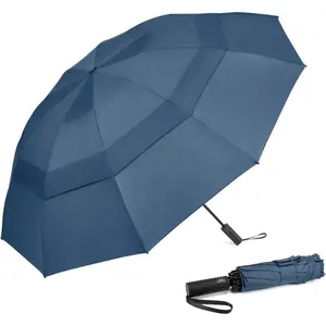 46/62 Inch Large Travel Umbrellas for Rain Windproof, 10 Ribs Compact Reverse Folding Golf Umbrella, Double Canopy Automatic Open Close