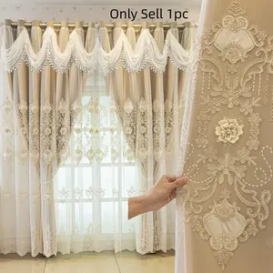 1pc European Style Double Layer Embroidered Blackout Window Curtain, Easy Install, Windproof Sunscreen, Suitable for All Seasons