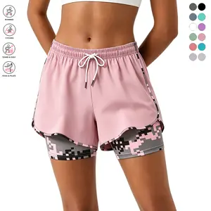 Women’s Summer shorts: double-layer faux two-piece mid-length compression shorts that are breathable and quick-drying, featuring an elastic drawstring waist and side pockets—ideal for fitness training, casual wear, and running.