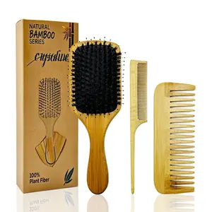 3-Piece Natural Bamboo Hair Comb Set Air Cushion Brush with Black Bristles, Fine & Wide Tooth Combs - Ideal for All Hair Types & Family Use