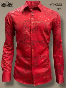 MONTERO MT-0828 Red Long Sleeve Shirt with Intricate Bandana Pattern for Men - Comfortable Blend Material & Versatile for Casual & Semi-Formal Settings