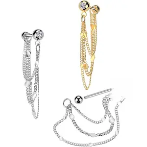 16 Gauge 5/16 CZ Gem Stud Triple Chain Cartilage Earring in 316L Stainless Steel with Cubic Zirconia & Dangle Chains for Tragus Helix & Conch Piercings