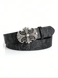 Boho Fashion Faux Leather Western Concho Belt with Cross Buckle, Gothic Style Waist Belt for Jeans & Casual Outfits, Accessories for Men & Women