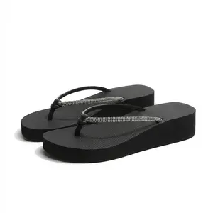 Women's Rhinestone Platform Flip Flops, Wedge Thick Sole Thong Sandals, Sparkly Strap Comfortable Non-Slip Summer Beach Casual Sandals for Women