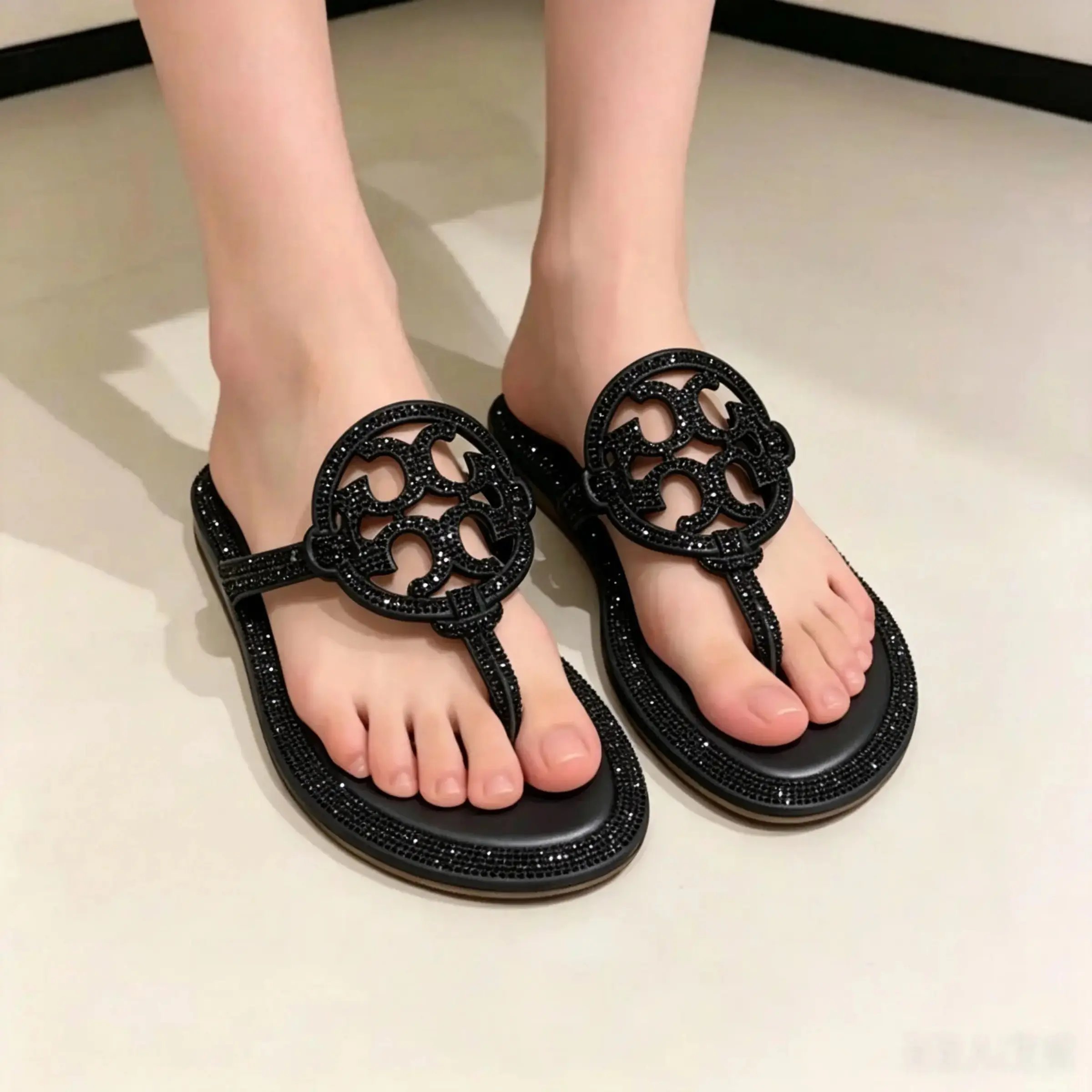 Women’s Sparkly Crystal Rhinestone Cutout Logo Flat Thong Sandals, Luxury Bling Flip Flops with Cushioned Soft Padded Insole, Non-Slip Rubber Sole Elegant Summer Footwear for Beach Vacation, Wedding Party & Daily Casual Walking
