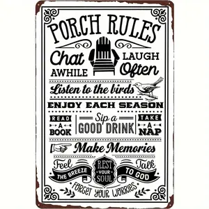 Wooden Printed Vintage Porch Rules Sign - Rustic Style Outdoor Patio Decor, Perfect for Bars, Clubs, Gyms, and Homes, Also an Ideal Room Decoration, 2D Flat