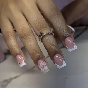 Reusable 24-Piece Short Square French Nail Tips Kit, Nude Edge, 3D Flower Gold Design, Nail Art Design, Quick Manicure, Includes Jelly Glue & File