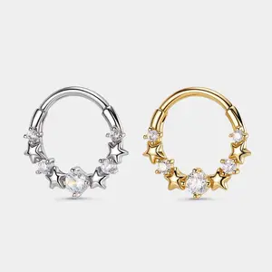 OUFER BODY JEWELRY 16G 316L Stainless Steel Constellation Galaxy Segment Ring - CZ Star Clicker Open Daith Septum Piercing Jewelry for Daily Wear, Nose Piercings, Cz Stone Jewelry, Galaxy Design Ring