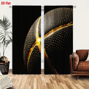 2D Flat, 2D Flat 2pcs Black Textured Basketball Themed Curtains with Yellow Stitching Pattern, Dark Background Design for Bedroom Living Room Decor, Light Filtering & Privacy Protection, 2D Flat