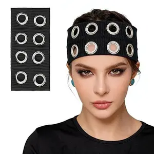 Grommet Headband with Metal Holes, Studded Headbands, Eyelets Punk Black Hair Band, Hollow Stretchy Casual Hair Accessory