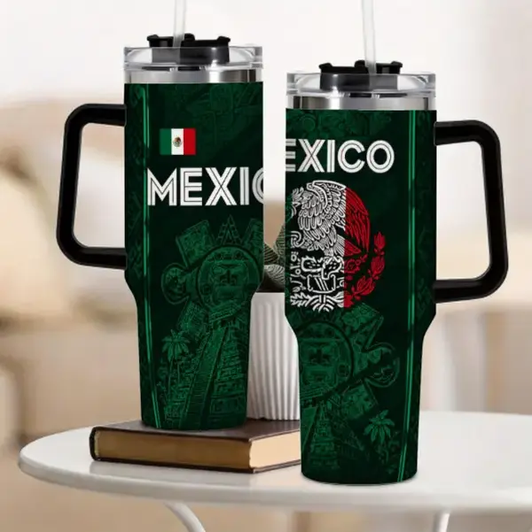 Mexican Heritage 40oz Stainless Steel Tumbler, Mexico Flag Travel Mug, Vacuum Insulated Cup with Straw