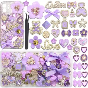 Junk Case Charms Kit Purple Bow Flower Butterfly Charms for Junk Cases Resin Bear Heart Rose Cell Phone Case Charm 3D Star Big Charm for Customizing DIY Craft Accessories