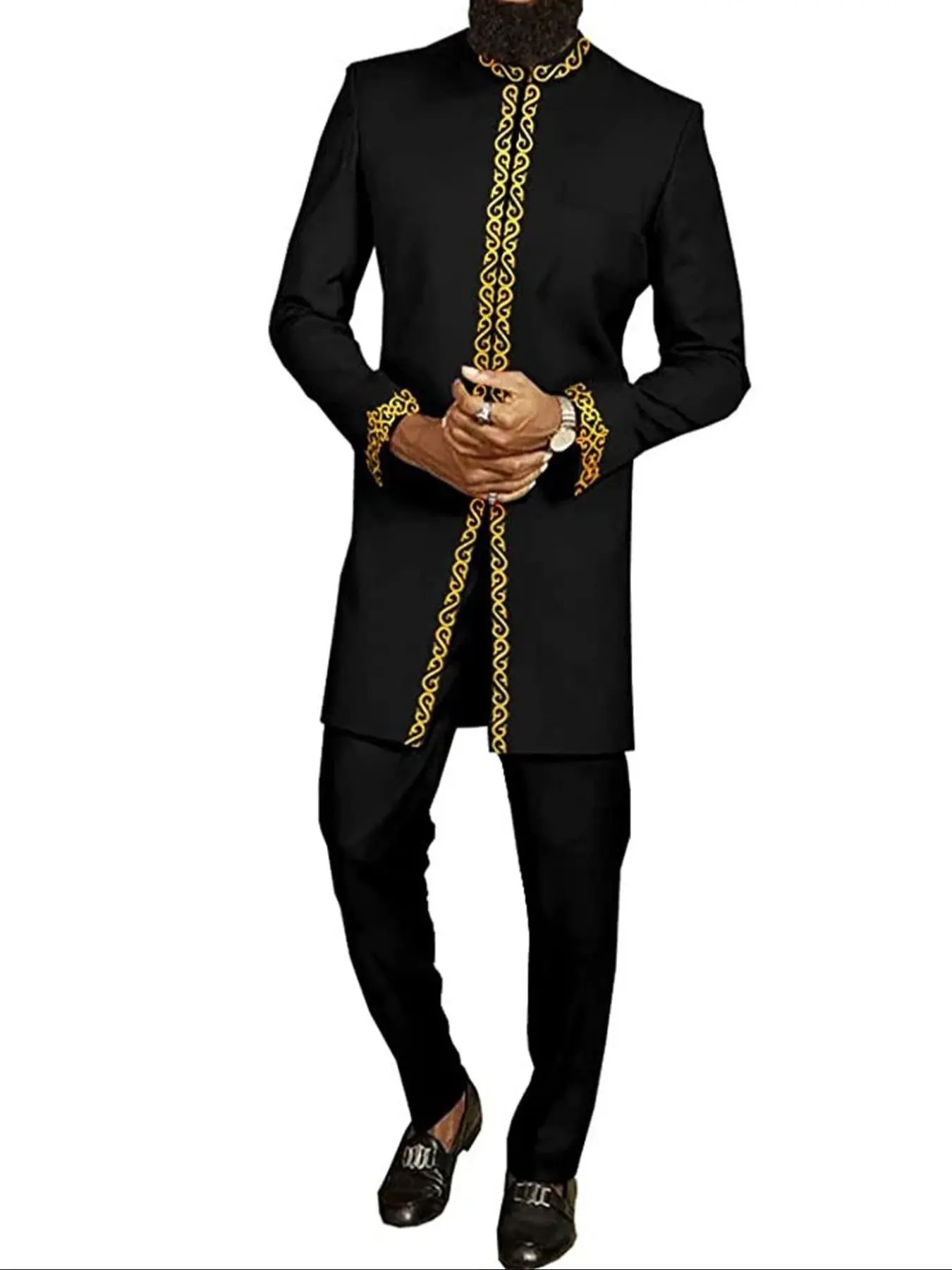 Men's Ethnic Pattern Embroidery Zipper Stand Collar Top & Pants Set, Traditional Long Sleeve Split Hem Top & Pants Set, Two-piece Outfits for Men 80s Fashion, Going Out Outfits, Casual Kurta, Kurta Clothing