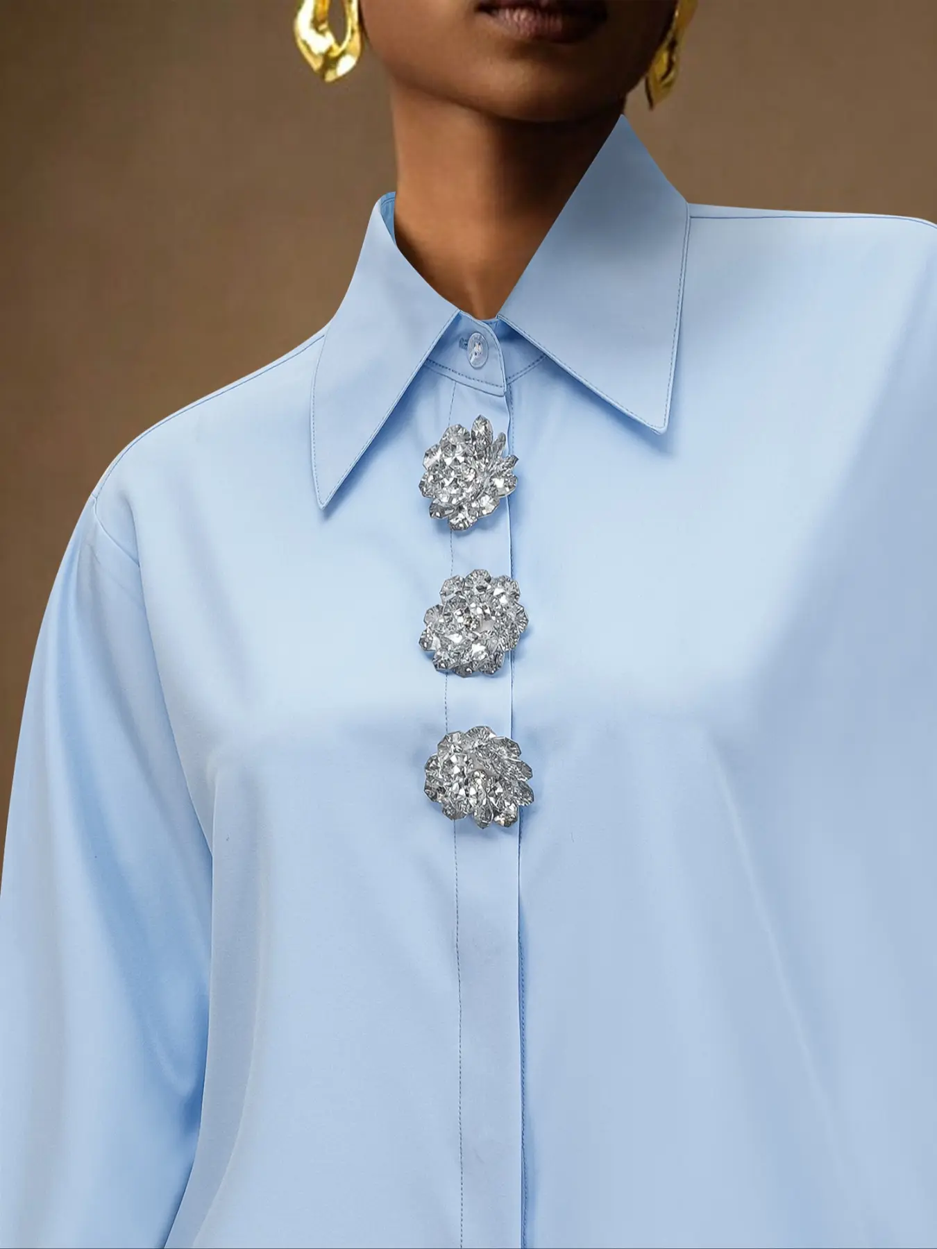 Fashionable women's clothing, buttons, unique rhinestone shirts, Casual Fitted Collared, Button Up Blouse, Womenswear, Fitted
