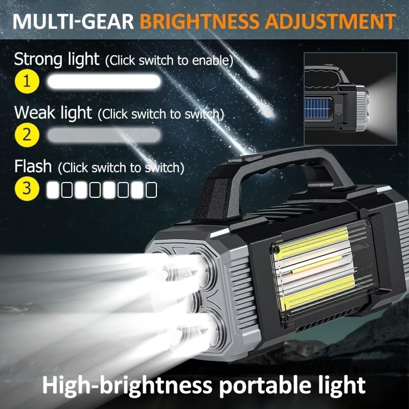 Outdoor COB flashlight, high-brightness and high-lumen rechargeable outdoor spotlight with dual front and rear lights, long-range solar flashlight, suitable for camping, emergencies, hunting and work lighting: protective function Type-C charging