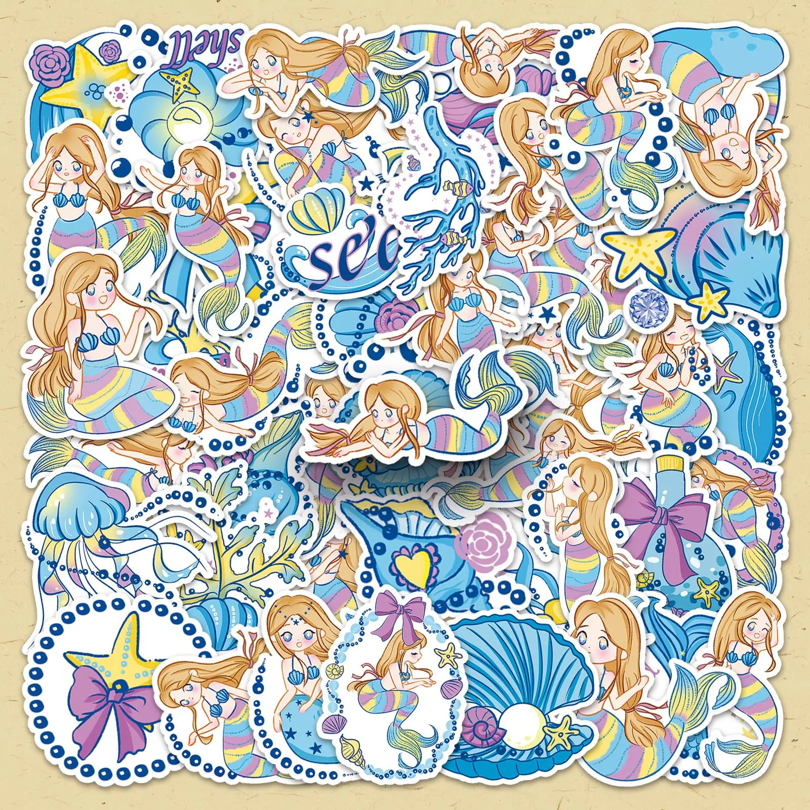 Mermaid Pattern Sticker, 50pcs/set Cartoon Mermaid Sticker, DIY Decorative Sticker for Phone Case, Luggage, Scrapbooking, Journal Making