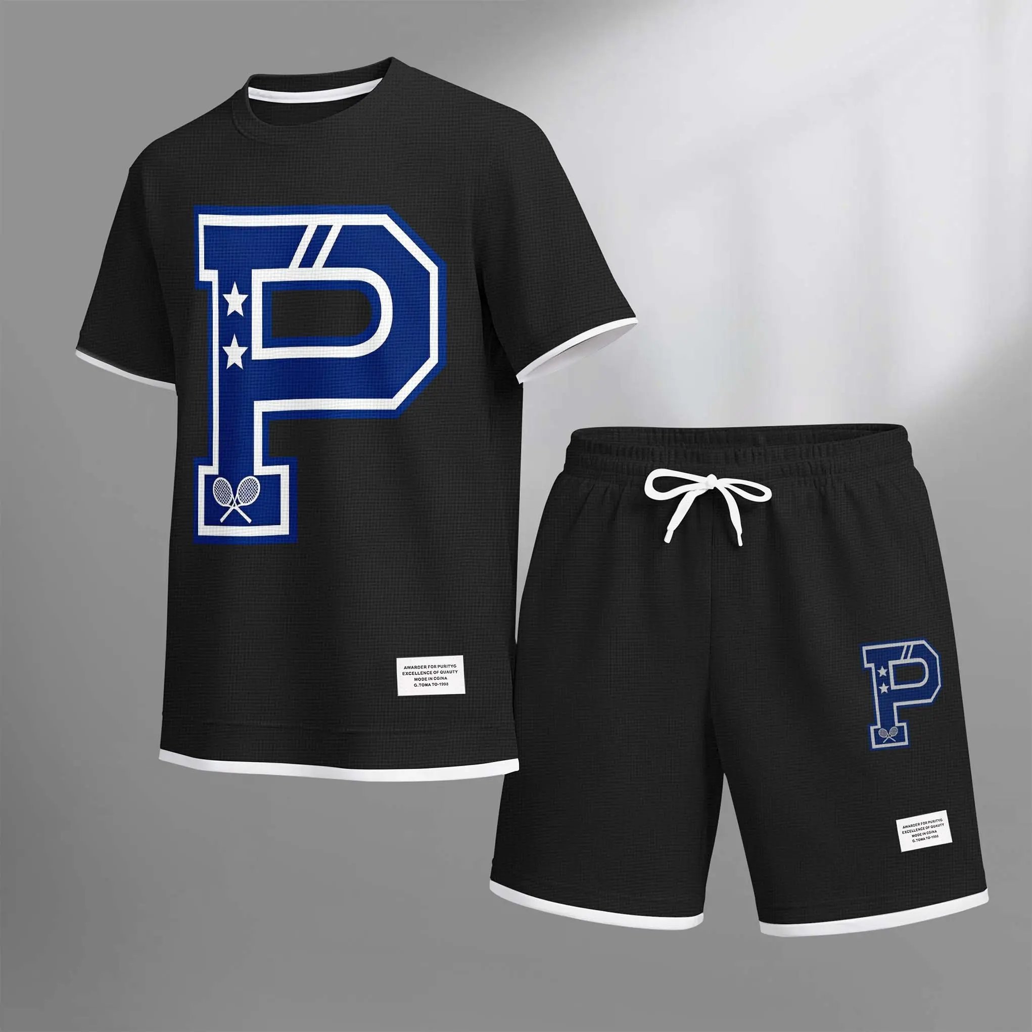 Men's Star Badminton Racket P Sport Print Drawstring Shorts Set For Spring/Summer. A Casual Summer Outfit, Including A Short-Sleeved Shirt And Shorts, Suitable For Everyday Wear And Sports. A Two-Piece Set For A Relaxed And Energetic Lifestyle.