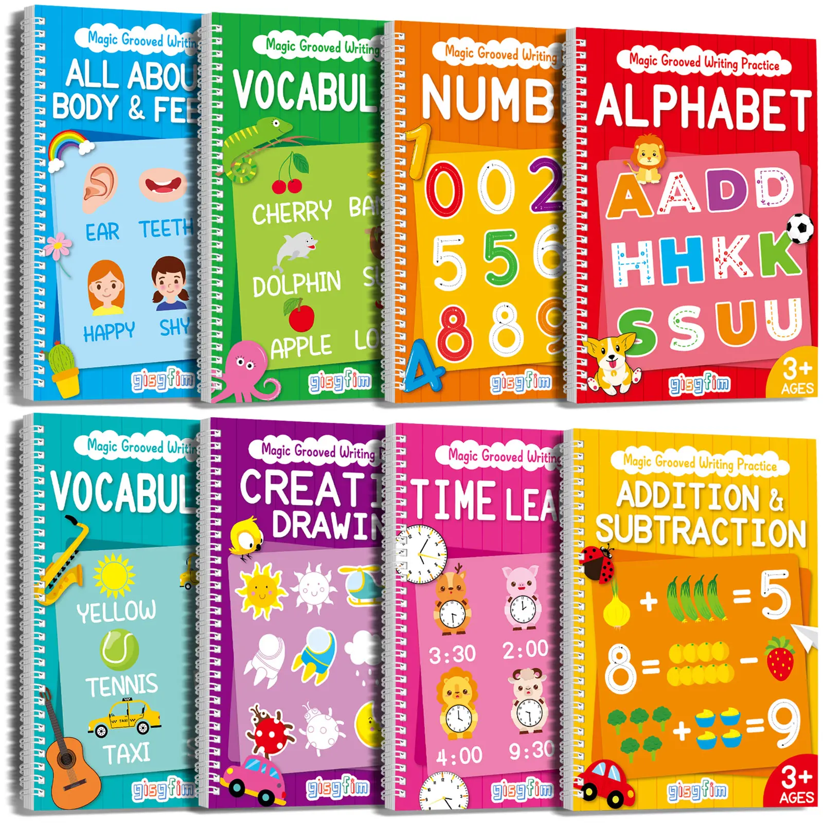TikTokShopMothersDay 8 Pcs Reusable Grooved Handwriting Workbooks with 2 Pen & 10 Refills & 2 Pen Grip,Handwriting Practice,8 Books–alphabet,number,math,vocabulary,drawing,body and feelings,time learning–Gift for preschooler