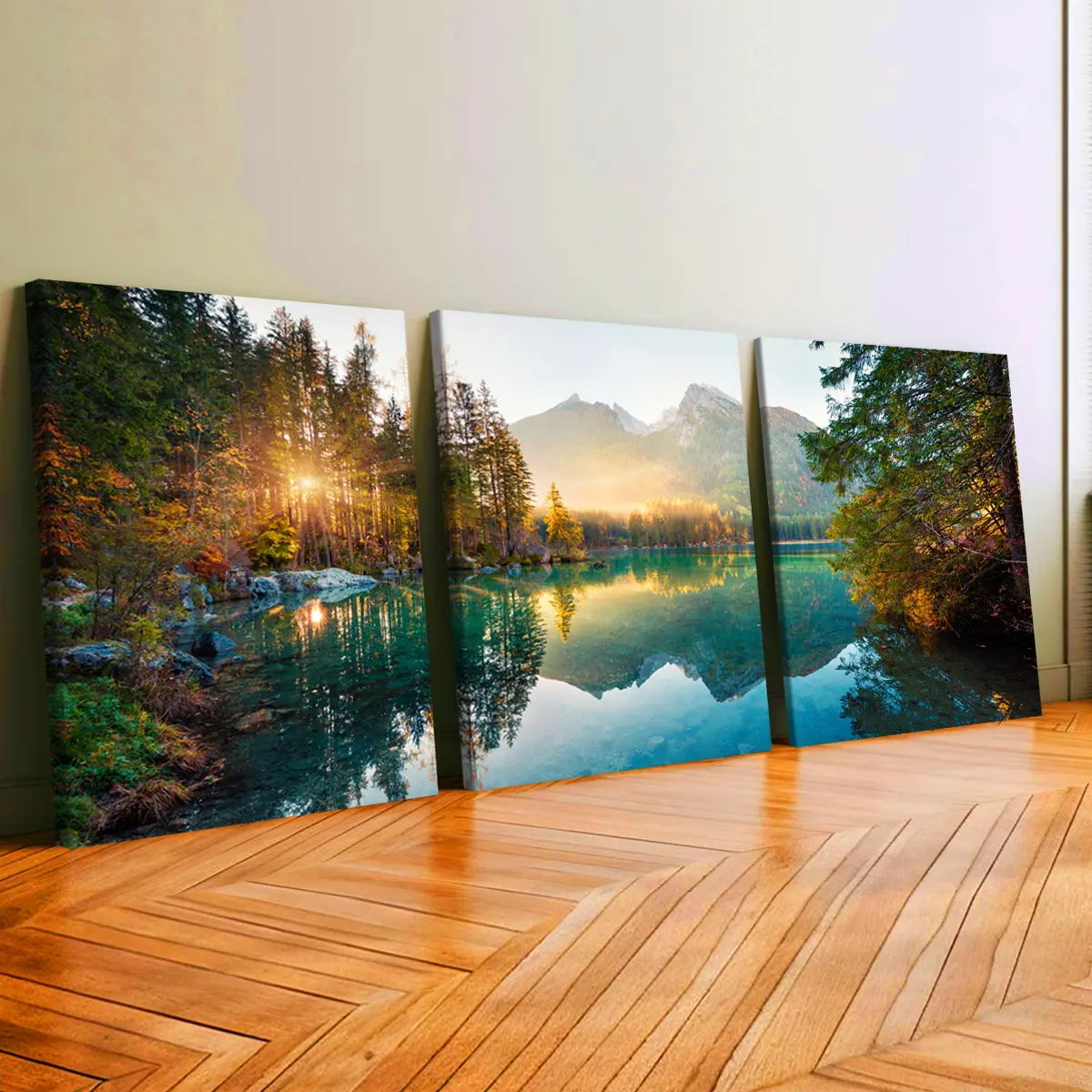 3Pcs 30x40cm Wooden-Framed Canvas Prints - Artistic Autumn Lake & Mountain Reflection Landscape Painting, Odorless Elegant Bedroom Decor, Exquisite Home Wall Artwork for Living Room
