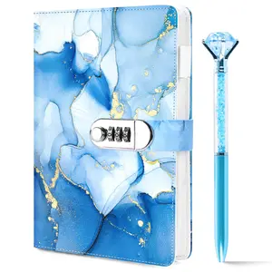 Diary with Lock, A5 PU leather Journal with Lock 120 Sheets Password Locked Travel Notebook with Crystal Diamond Pen Blue Stationery Office Supplies Art Materials