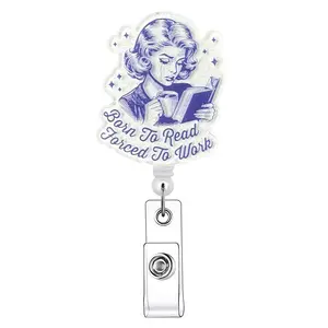 Reading Girl Pattern Retractable Badge Reel, Nursing Student Badge Reel, Medical Badge Reel, 1/20pcs Acrylic ID Holder with Clip for Nurses, Doctors, Students & Office Staff, Identification Badges & Supplies