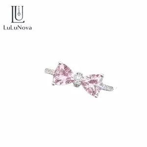 【#ZA208】(Beck) Pink Bow Double Gemstone 925 Sterling Silver Ring, Delicate Anniversary Gift for Women, Fashionable Everyday Jewelry