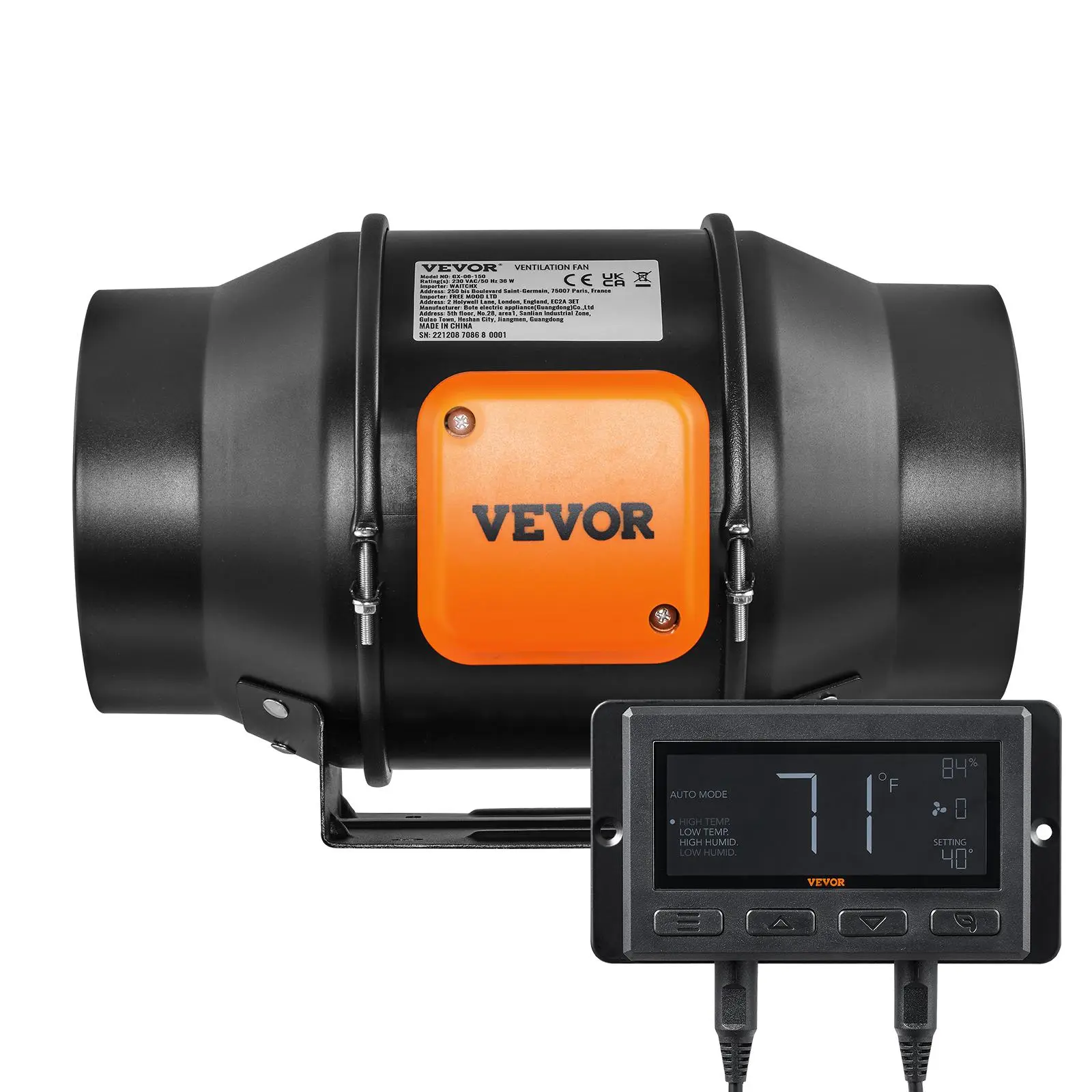 VEVOR Tuspuzz 6-Inch Inline Duct Fan, 402 CFM Adjustable Ventilation Ventilator with Temperature-Humidity Controller, Quiet EC-Motor Industrial Fan with Alarm for Grow Tents, Hydroponics