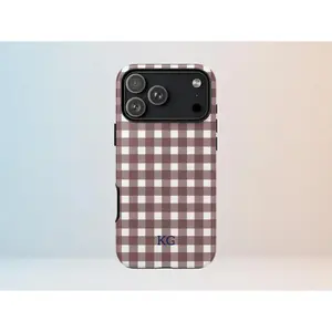 Brown Gingham Phone Case with Custom Initials -  iPhone 17 Pro Max 16 15 14 13 12 11case, Espresso Brown  Case,Tough Case