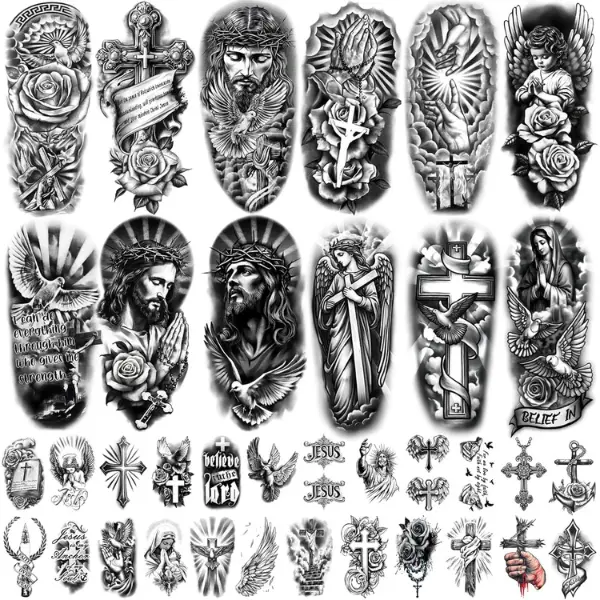 77-Sheet Christian Religious Temporary Tattoos, Realistic Forearm Designs with Jesus, God, Angels, Cross, Rosary for Men, Women, Kids, Teens, Fake Tattoo Sleeves