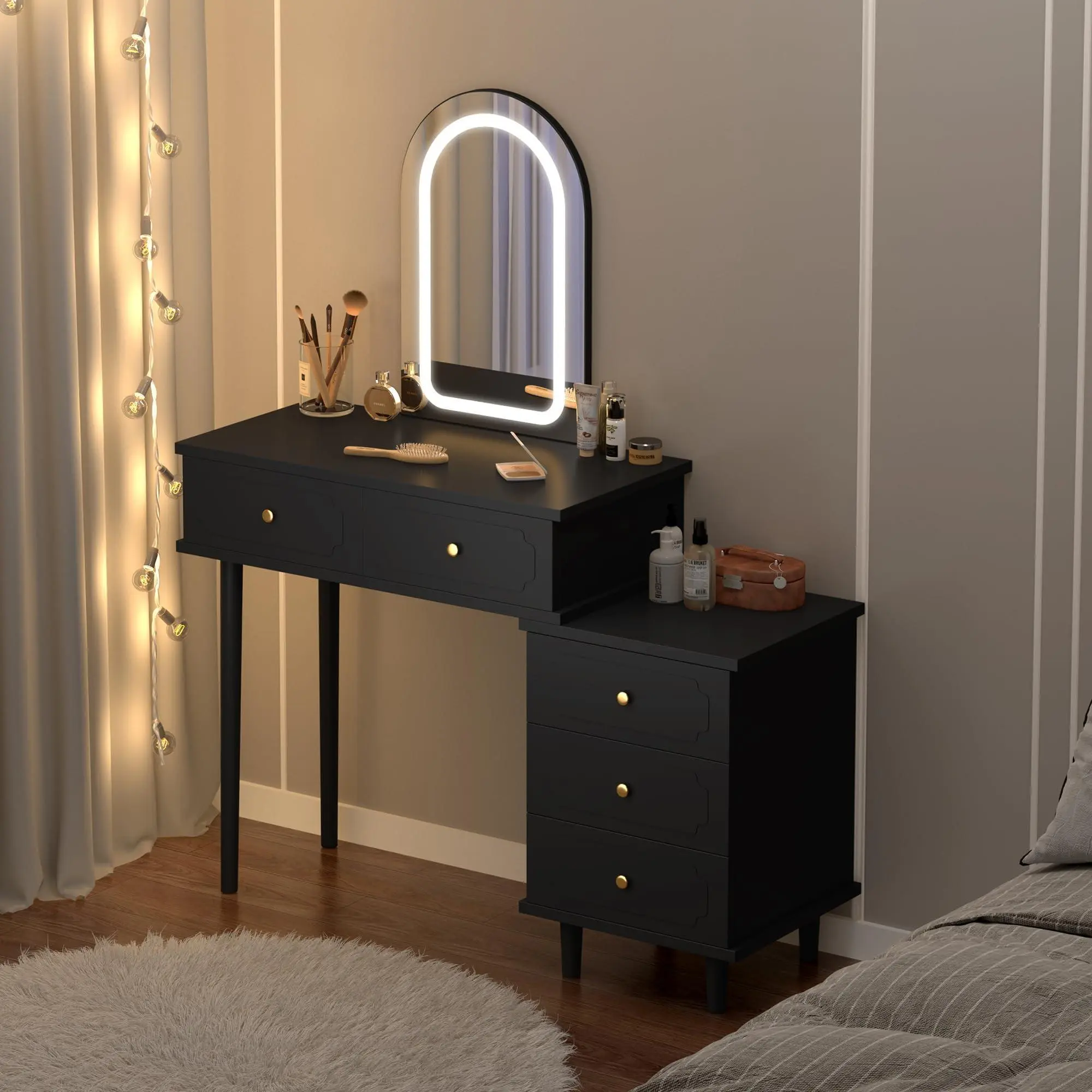 Modern Makeup Vanity Desk with Lighted Mirror & Adjustable Storage – Makeup Table with 2 Drawers & 3-Drawer Cabinet, Wood Dressing Table for Bedroom, Black
