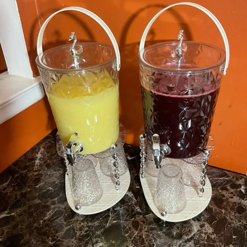 Eye Catching Style 1 set of 2 Gallons Plastic Beverage Dispenser with Stand and 3 Cups for Elegant Entertaining at Events