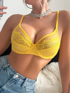 Elegant Full Coverage Yellow Lace & Mesh Floral Bra Fantasy-Elegant Plunge Underwire Bra for Women High Support Semi-Sheer Summer Womenswear Adjustable Straps - Bride